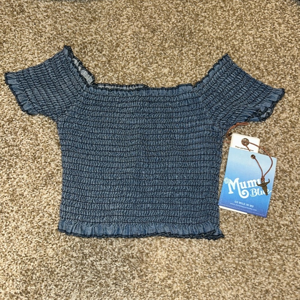 NWT Blue Show Me Your Mumu off shoulder crop top